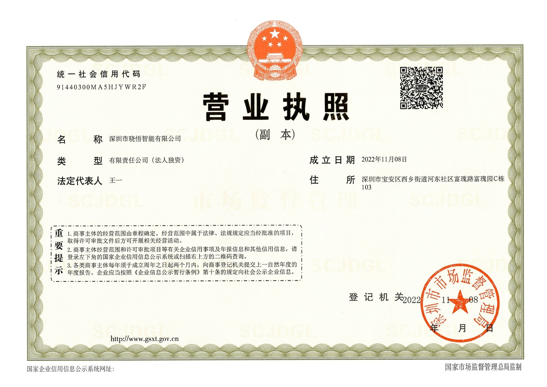 深圳市晓悟智能有限公司 营业执照副本